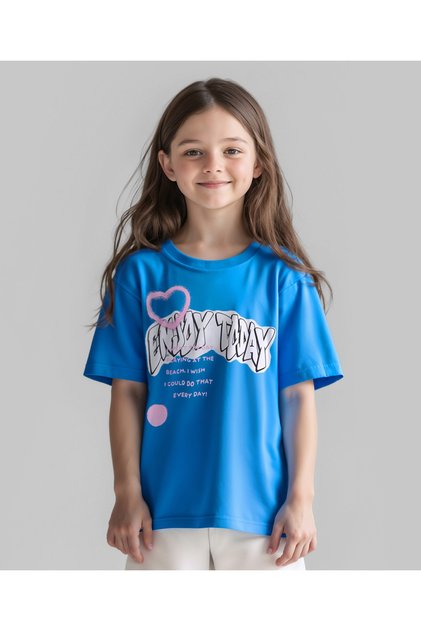 Primo Gino Cotton Knit Half Sleeves Oversized Drop Shoulder T-Shirt Enjoy Text Print - Malibu Blue