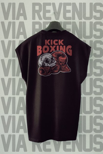 Kick Boxing Skull Back Printed Zero Sleeve Crew Neck Sports Tshirt