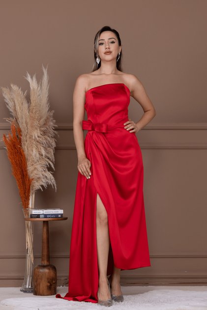 Atlas Fabric Strapless Evening Dress - Red