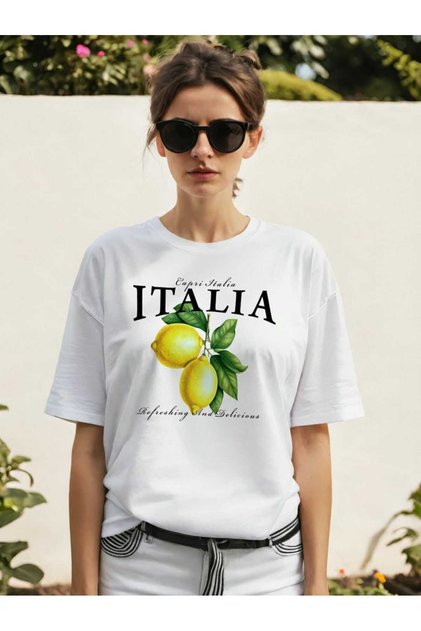 Italia Lemon Front Printed White Oversize T-Shirt Men Women Cotton Crew Neck T-Shirt