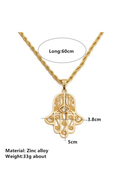 Hamsa El Figürlü Altın Renk Kolye | 60 cm Zincirli Nazar Sembolü Takı