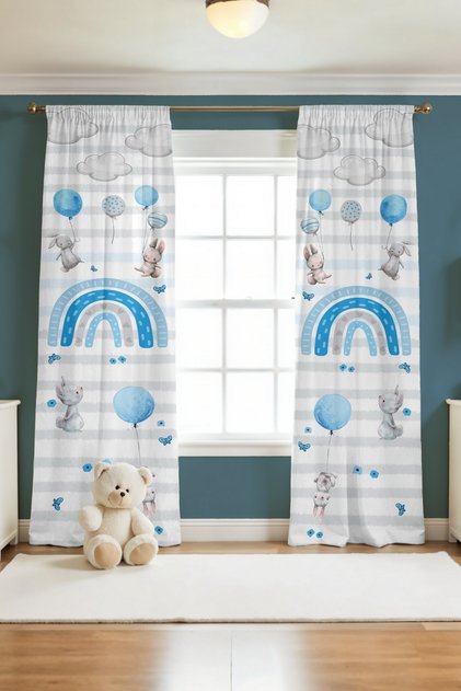 Blue Rainbow and Rabbits Patterned Children's Baby Room Background Curtain (Single Wing Pricing)
