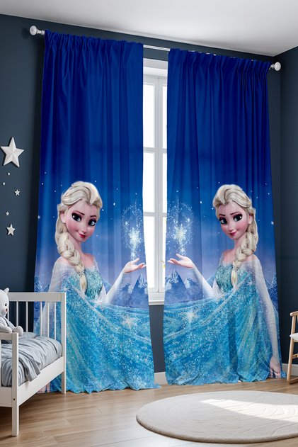 Blue Elsa Patterned Children's Baby Room Background Curtain (Single Wing Pricing)