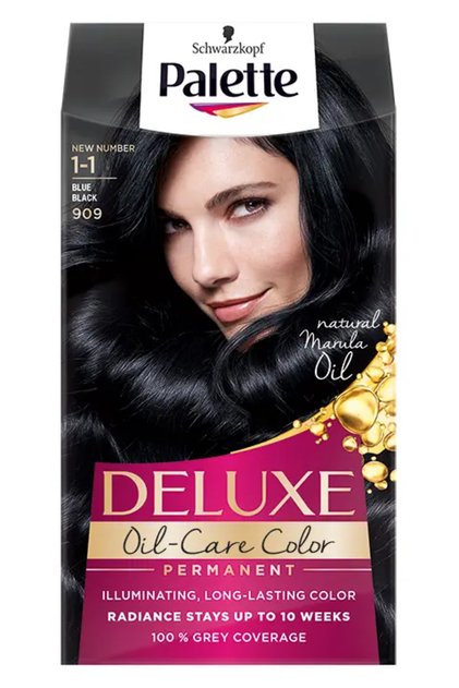Βαφή μαλλιών μόνιμης εφαρμογής Palette Deluxe Oil-Care Χρώμα 909, 1-1 Μαύρο ανοιχτό μπλε