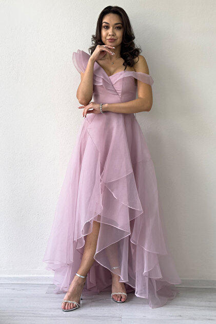 zks grup tekstil Women's Off Shoulder Asymmetrical Hem Tulle Evening Dress  Black, Powder, Purple- Trendyol