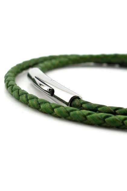 Velaris Green Green Thin Leather Wrap Stainless Steel Clip Men Bracelet M059F
