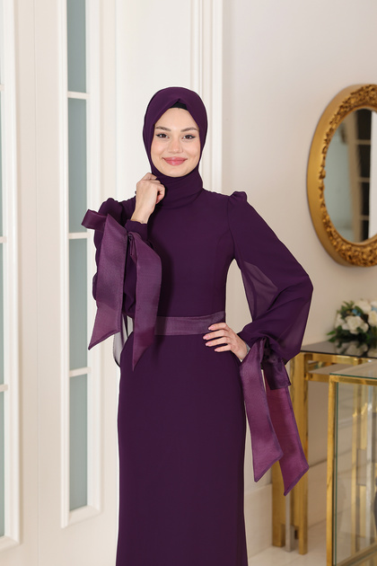 Stylish Chiffon Belted (Removable) Hijab Evening Dress Turquoise