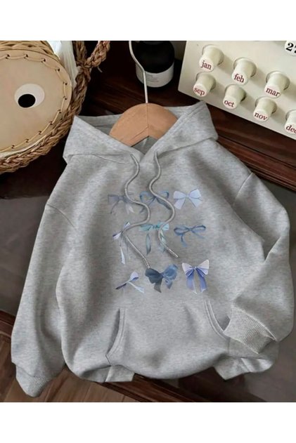 Ribbon Printed Hooded Sweatshirt with Fleece Inside