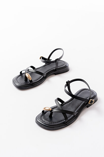 Ring Detailed Flip Flops Black Skin Orthopedic Flat Sole Daily Comfortable Sandals