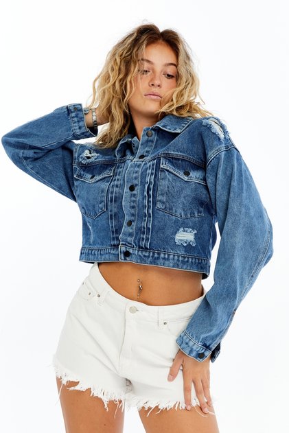 Women's Oversize Bomber Denim Jacket – Casual Use – Original Crop Design