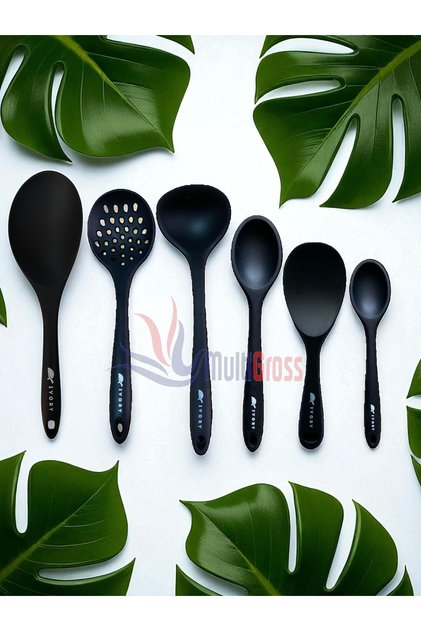 İvory Isıya Dayanıklı Silikon Kevgir Kepçe Spatula Kaşık Seti (30-28-22-20 Cm) 6 Parça