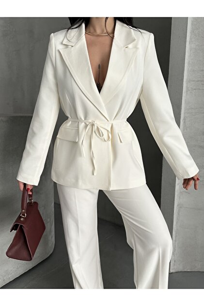 Belden Bağlamalı Blazer Ceket Pantolon TakımTakım Elbise