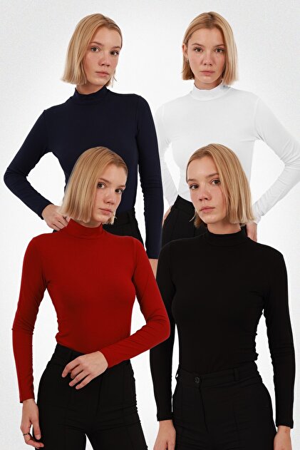 Kadın Uzun Kollu Balıkçı Yaka Body 4’lü Set – Siyah Beyaz Lacivert Bordo