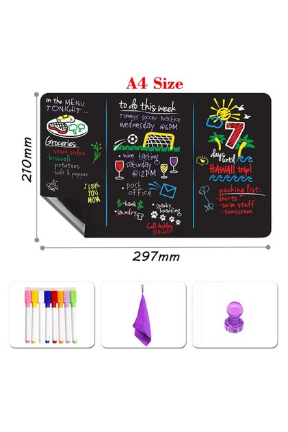 A4-8Pen1Rag1T A4 Magnetic Blackboard for Kids - Dust-Free Chalkboard Fridge Sticker Bulletin Board W