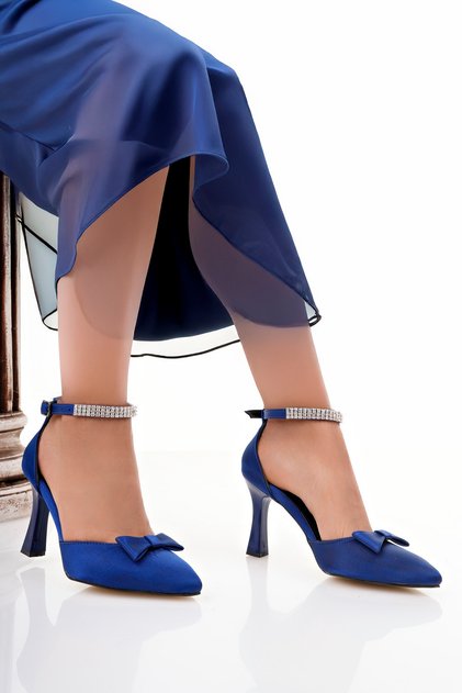 Ankle Stoned Satin Material Bow Detailed Women's Evening Dress Shoes