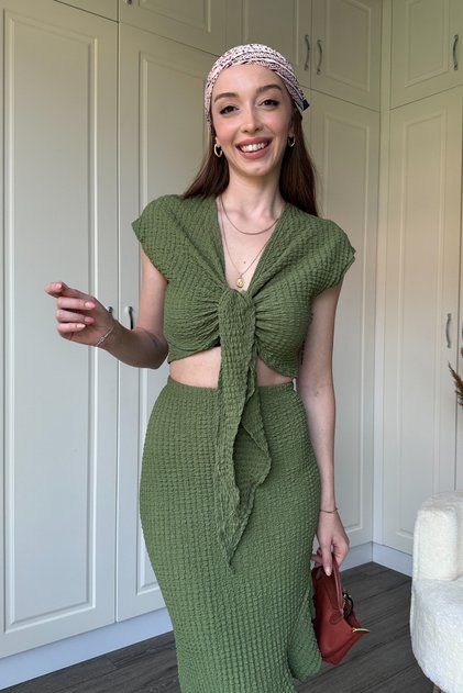 Ruffle Detailed Khaki Seersucker Fabric Skirt Suit