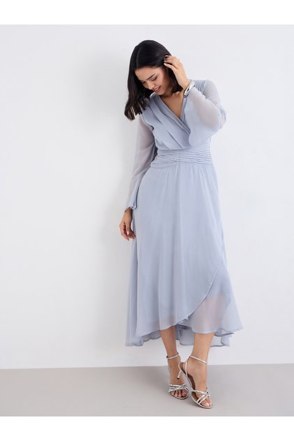 Pleated Waist Asymmetric Hem Maxi Dress
