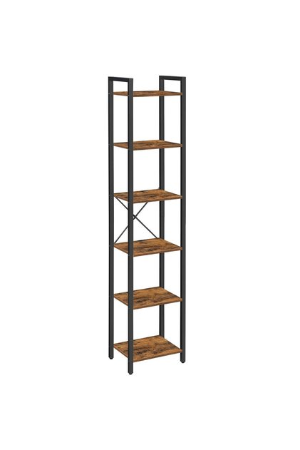 Raft cu 6 etaje, tip biblioteca, cadru metal si polite lemn, 30x40x187cm, industrial, maro