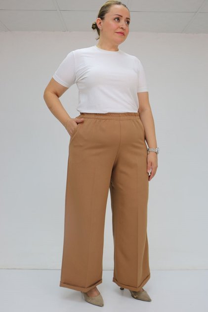 59008 Large Size Double Leg Trousers with Elastic Waist - Tan