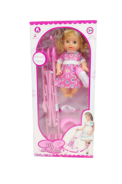 Baby Doll Playset with Pink Dress, Stroller, Diaper, and Bathtub – For Girls Ages 3 and Up