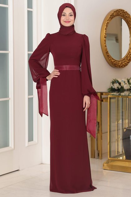 Firuze Tesettür Abiye Bordo