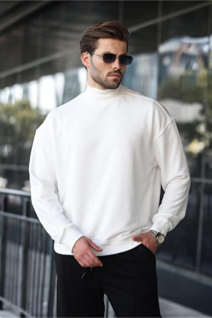 Madmext Ekru Yarım Balıkçı Yaka Erkek Basic Sweatshirt E7158