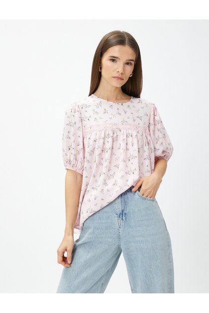 Puff Sleeve Lace Line Detail Floral Blouse