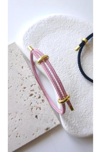 Pink Color Gradient Knitted Rope Steel Plate Detail Adjustable Bracelet