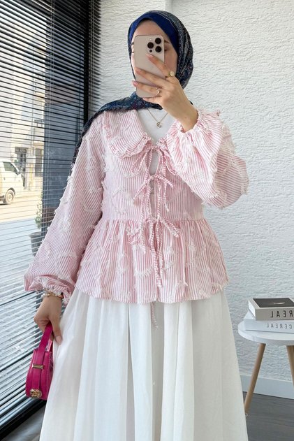 Tasseled Striped Cotton Kimono – Pink