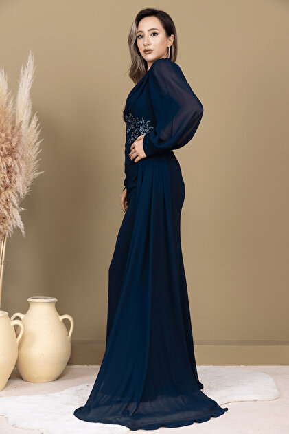BEYBOS Chiffon Beaded Embroidered Long Evening Dress with Shawl Detail -  Dark Blue- Trendyol