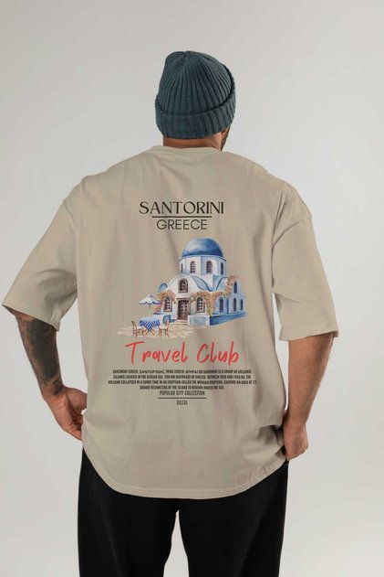 Santorini Greece Back Printed Beige Oversize T-Shirt Men Women Cotton Crew Neck T-Shirt