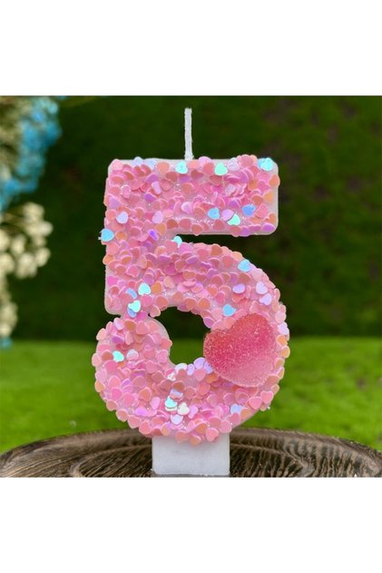 7 cm White Number 5 Pink Heart Cake Candles, Pink Themed Number Candle