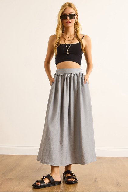 Women's Gray Pocketed Flowy Long Ayrobin Skirt Etk-19000345