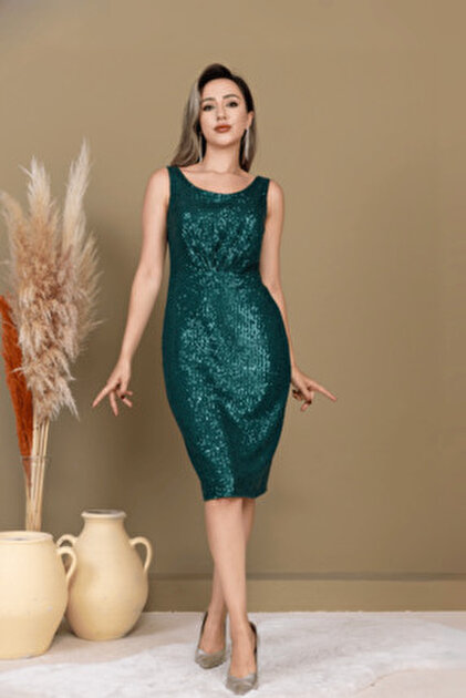 BEYBOS Crepe Back Beaded Detailed Pencil Long Dress - Emerald Green-  Trendyol