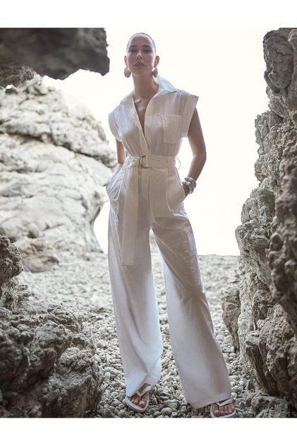 Beige Women's Belt Detail Jumpsuit