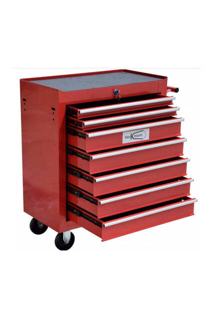DULAP METALIC NEECHIPAT PENTRU SCULE, CU 7 SERTARE, ROSU, CU ROTI 78 X 62 X 33 CM