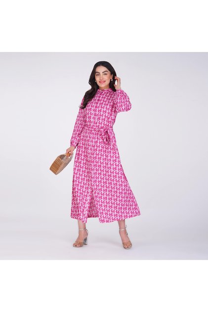Geometric Printed Maxi Dress – High Neck with Elastic Cuffs, Available in 3 Colours