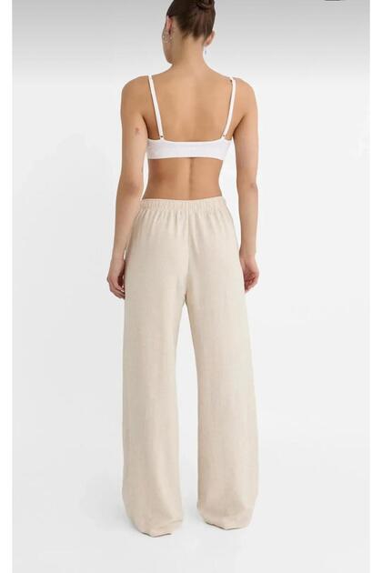 Sunri̇se Linen&Cotton Mixed Waist Rubber Detail Lace up Palazzo Women's Pants