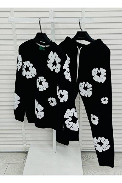 Black Color Floral Pattern Oversize 3 Thread Men's Tracksuit Set - 100% Cotton