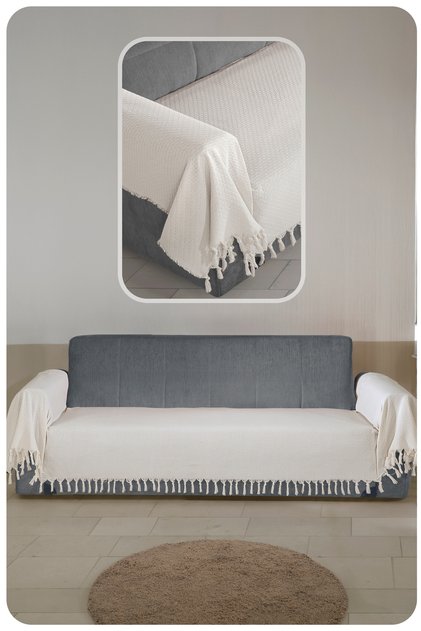 Star Sofa Cover Height Sofa Bed and Sofa Fringed Covering Seat and Arms 115x300cm Ecru