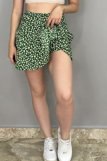 Fusta cu volan floral verde-alb pentru femei