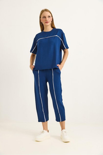 Short Sleeve Slim Piping Bottom Top Suit Blue