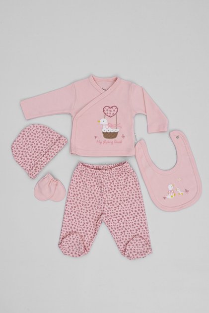 Organic Cotton Cute Duck Patterned 5 Piece Newborn Hospital Release Bodysuit Set in Basket
