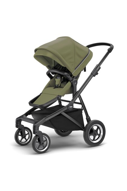 Kočárek SLEEK s černým rámem a měkkou zelenou stříškou (khaki zelená)