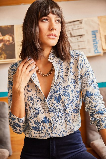Women's Ecru Blue Patterned Viscose Shirt GML-19000891