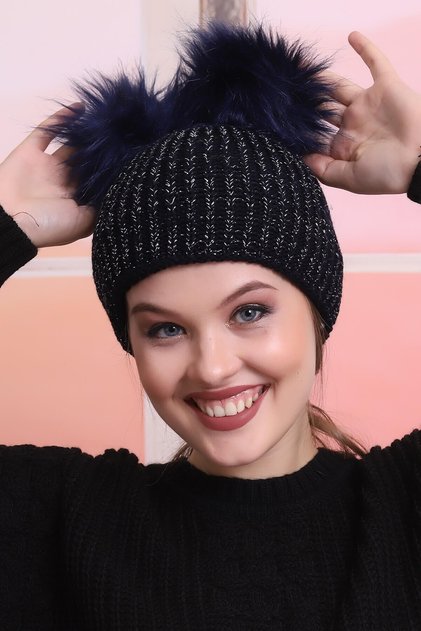 Beretă de damă cu pompon dublu bleumarin