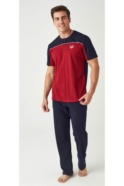 Men's Navy Claret Red Combed Cotton Pajama Set
