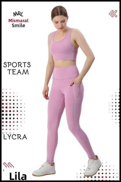 Women's Top and Bottom Set Fitness Pilates Running Athlete Slim Fit Leggings Double Pocket High Waist Lycra Lila 3065