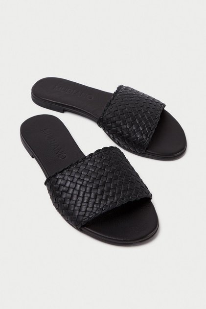 Genuine Leather 655-S Women's Straw Look Black Flat Slippers