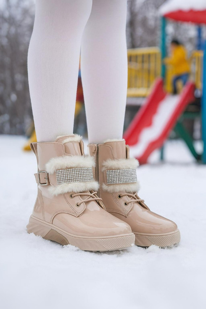 Daily Girl's Beige Patent Leather Boots with Zipper, Rubber Laces, Fur and Stone Detail, Non-Slip Sole Bootie 391